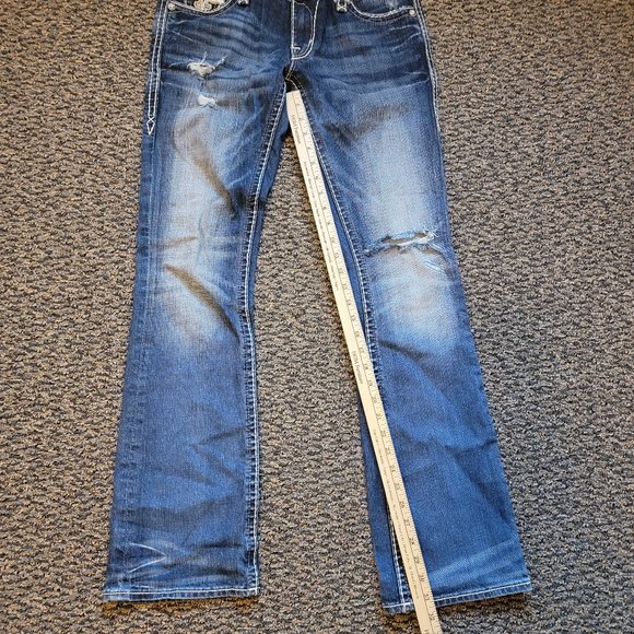 Rock Revival Fay Easy Boot Distressed Jeans Size 27 Rhinestone Pocket Bling - Picture 7 of 13